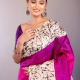 Pink and Purple Ombre Silk Saree with Contrasting White Batik Print Border - Anvi Couture