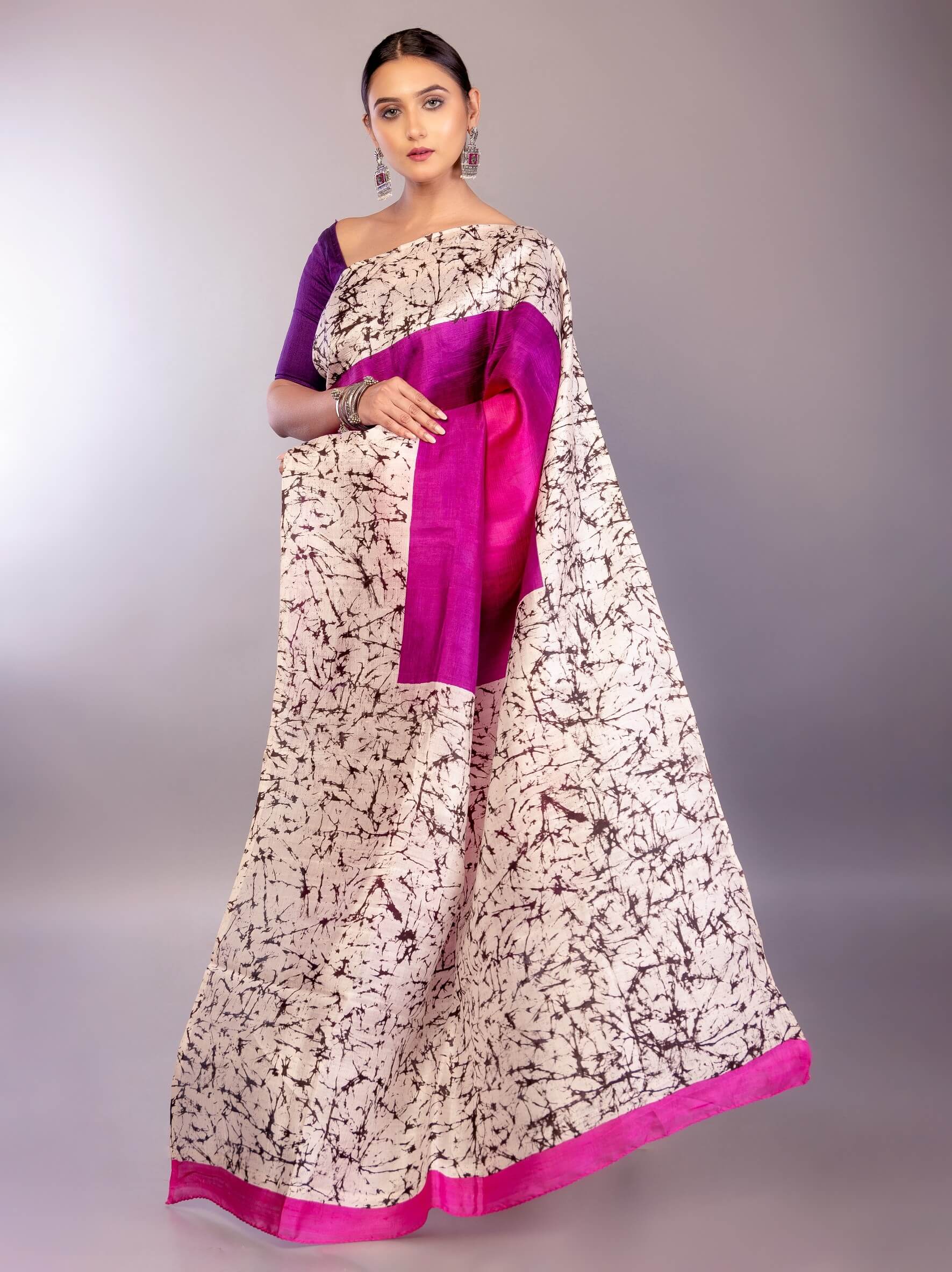 Pink and Purple Ombre Silk Saree with Contrasting White Batik Print Border - Anvi Couture