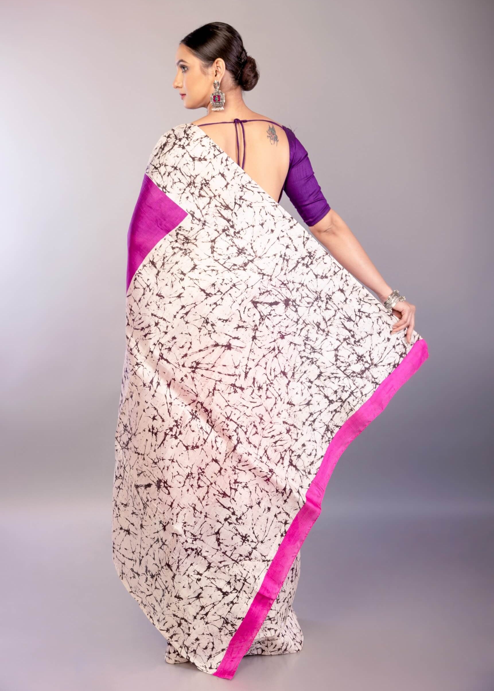 Pink and Purple Ombre Silk Saree with Contrasting White Batik Print Border - Anvi Couture