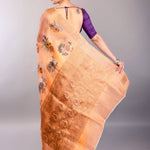 Coral Orange Organza Silk Saree with Floral Prints and Woven Zari Border - Anvi Couture
