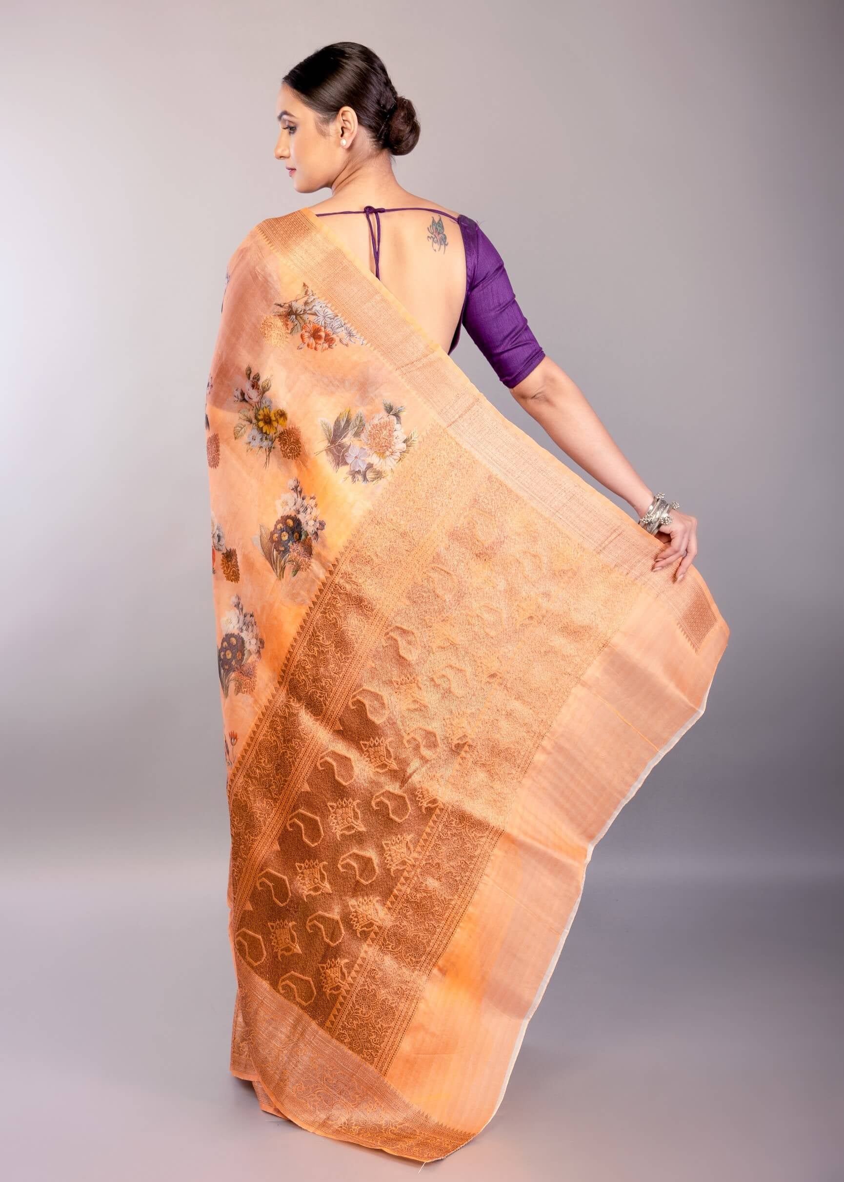 Coral Orange Organza Silk Saree with Floral Prints and Woven Zari Border - Anvi Couture