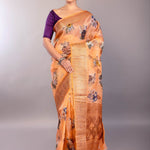 Coral Orange Organza Silk Saree with Floral Prints and Woven Zari Border - Anvi Couture