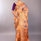 Coral Orange Organza Silk Saree with Floral Prints and Woven Zari Border - Anvi Couture