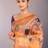 Coral Orange Organza Silk Saree with Floral Prints and Woven Zari Border - Anvi Couture