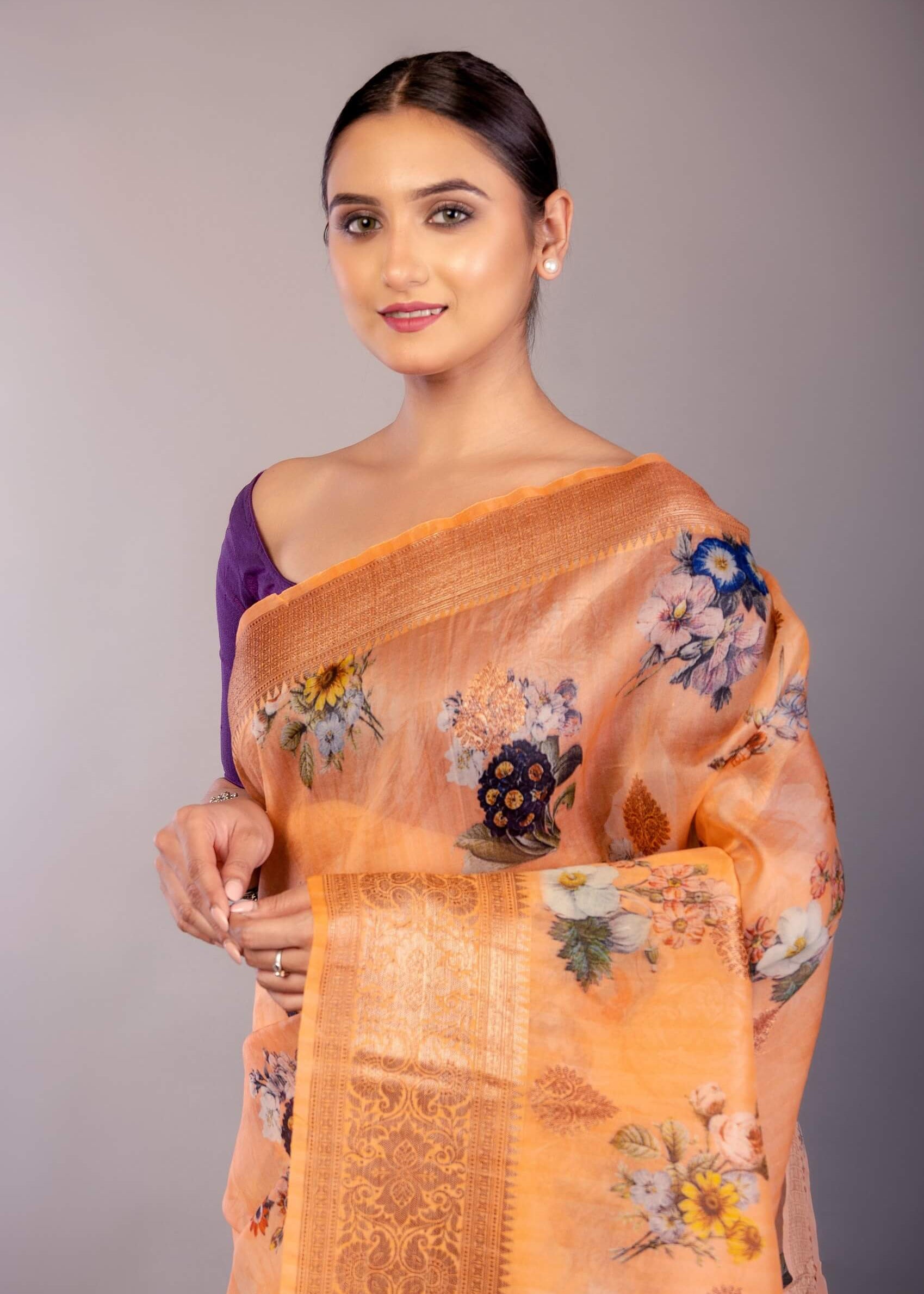 Coral Orange Organza Silk Saree with Floral Prints and Woven Zari Border - Anvi Couture