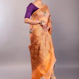 Coral Orange Organza Silk Saree with Floral Prints and Woven Zari Border - Anvi Couture