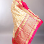Off - White Katan Silk Saree with Geometric Patterns and Contrasting Pink Border - Anvi Couture