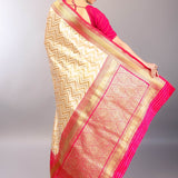 Off - White Katan Silk Saree with Geometric Patterns and Contrasting Pink Border - Anvi Couture