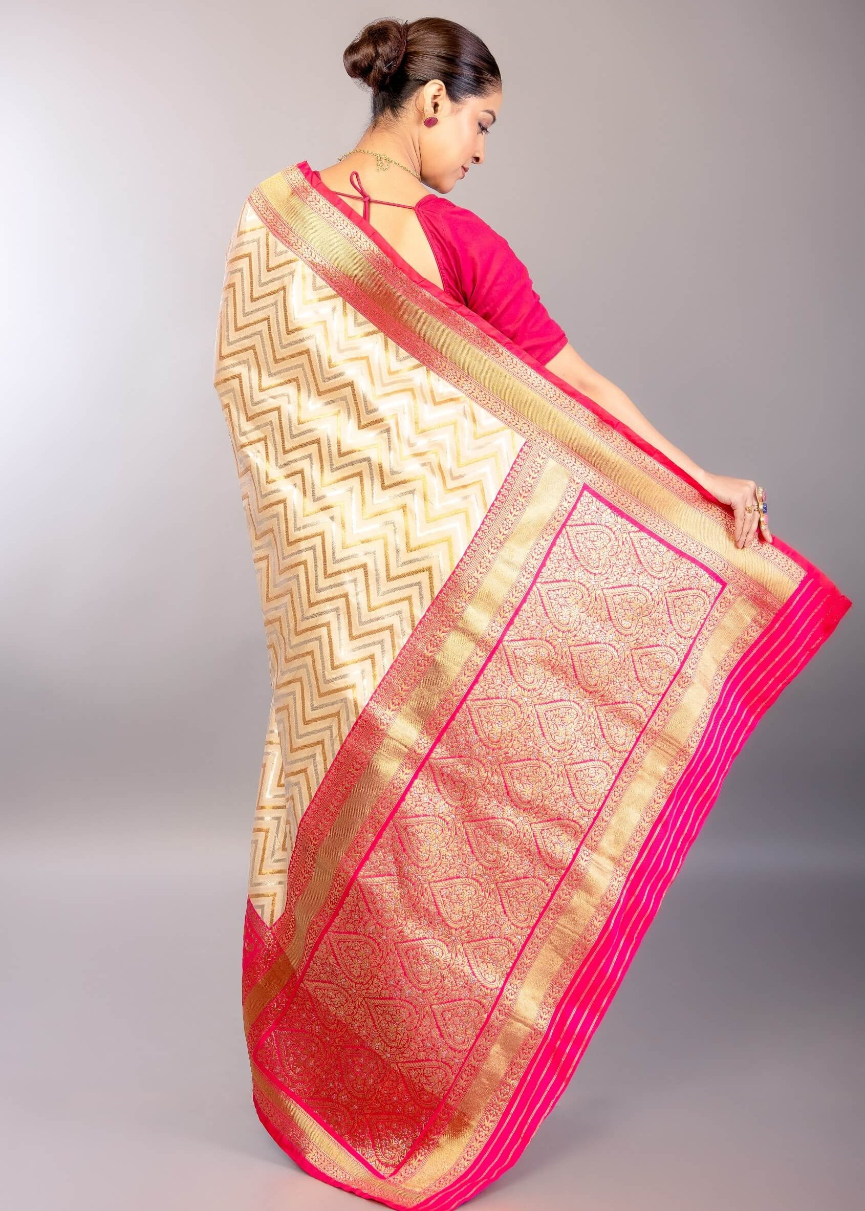 Off - White Katan Silk Saree with Geometric Patterns and Contrasting Pink Border - Anvi Couture