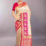 Off - White Katan Silk Saree with Geometric Patterns and Contrasting Pink Border - Anvi Couture