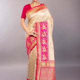 Off - White Katan Silk Saree with Geometric Patterns and Contrasting Pink Border - Anvi Couture