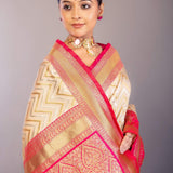 Off - White Katan Silk Saree with Geometric Patterns and Contrasting Pink Border - Anvi Couture