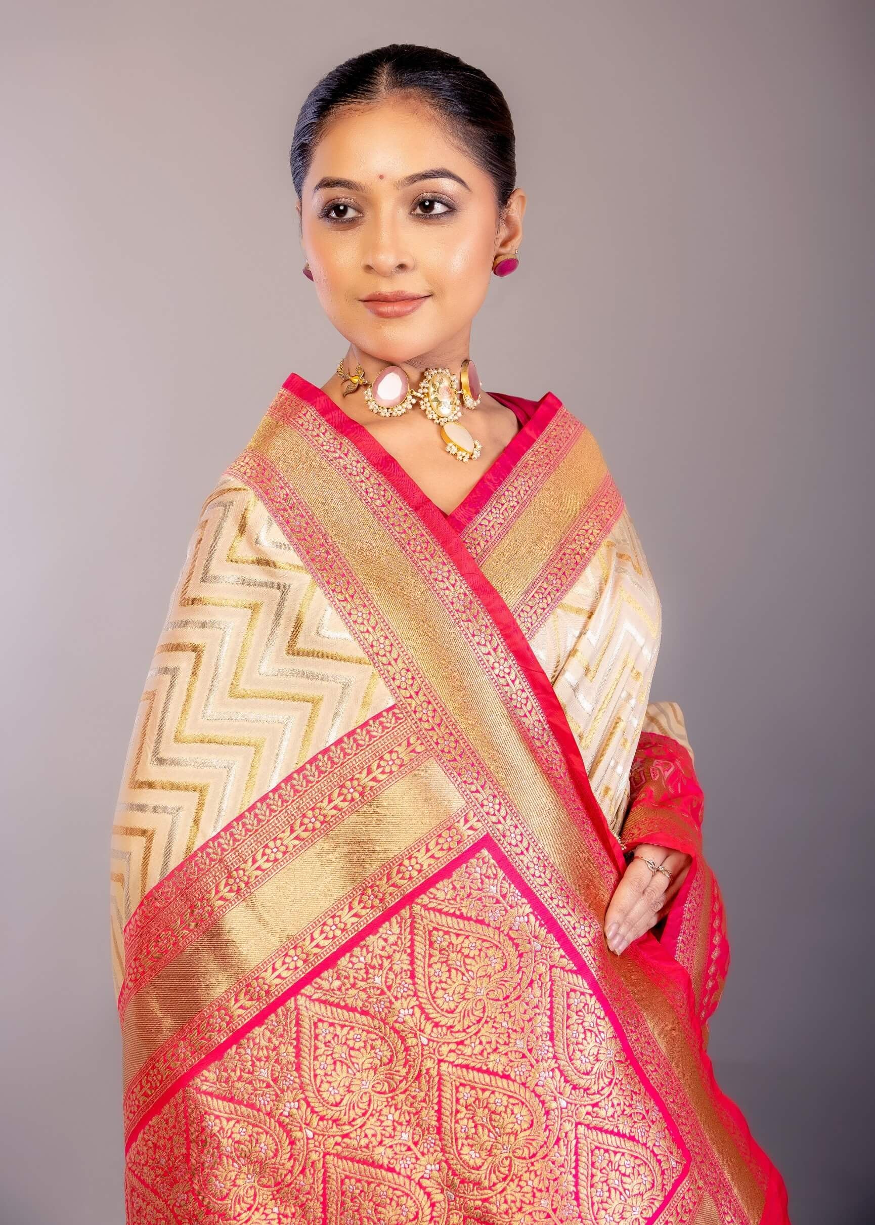 Off - White Katan Silk Saree with Geometric Patterns and Contrasting Pink Border - Anvi Couture