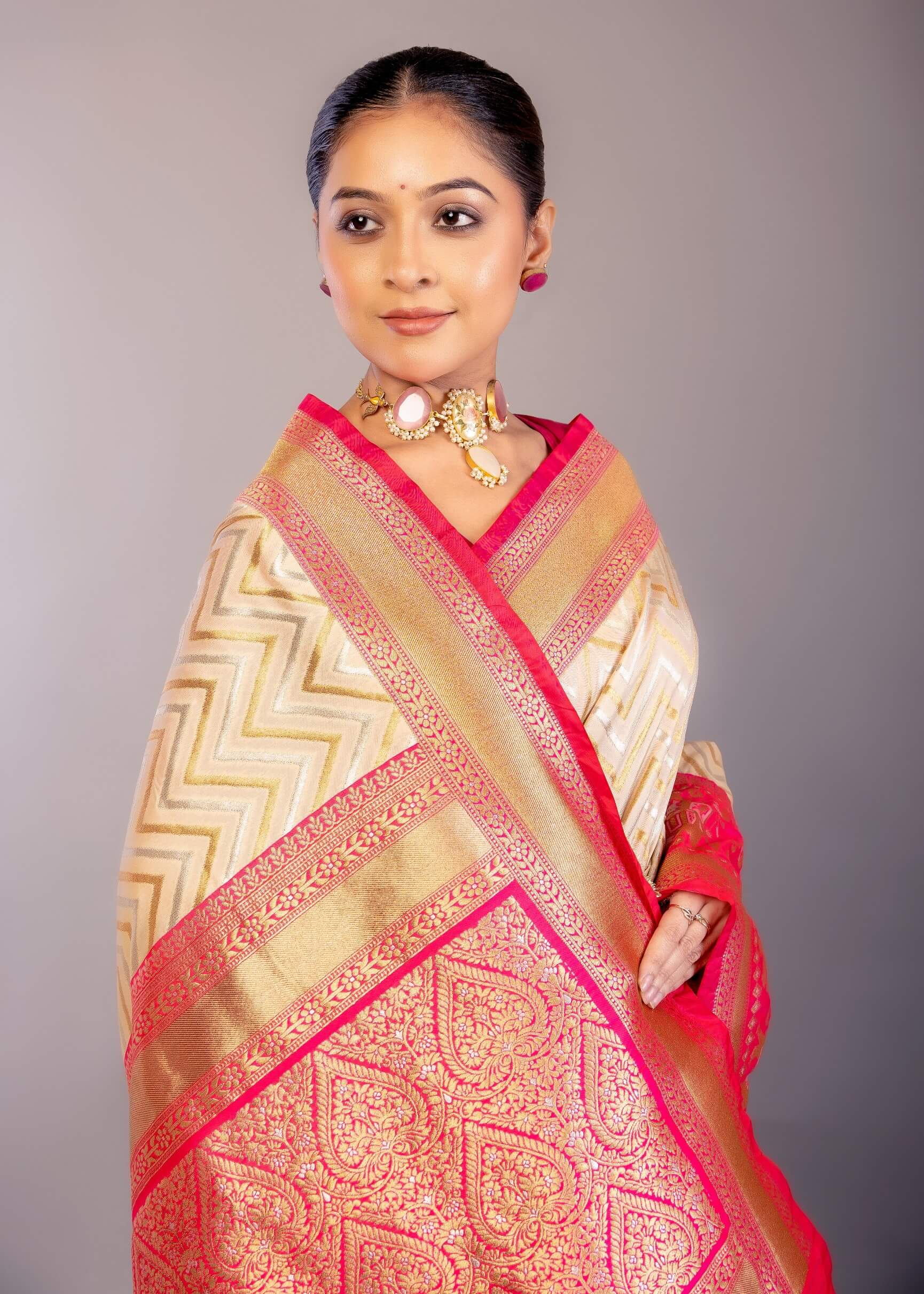 Off - White Katan Silk Saree with Geometric Patterns and Contrasting Pink Border - Anvi Couture