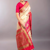 Off - White Katan Silk Saree with Geometric Patterns and Contrasting Pink Border - Anvi Couture