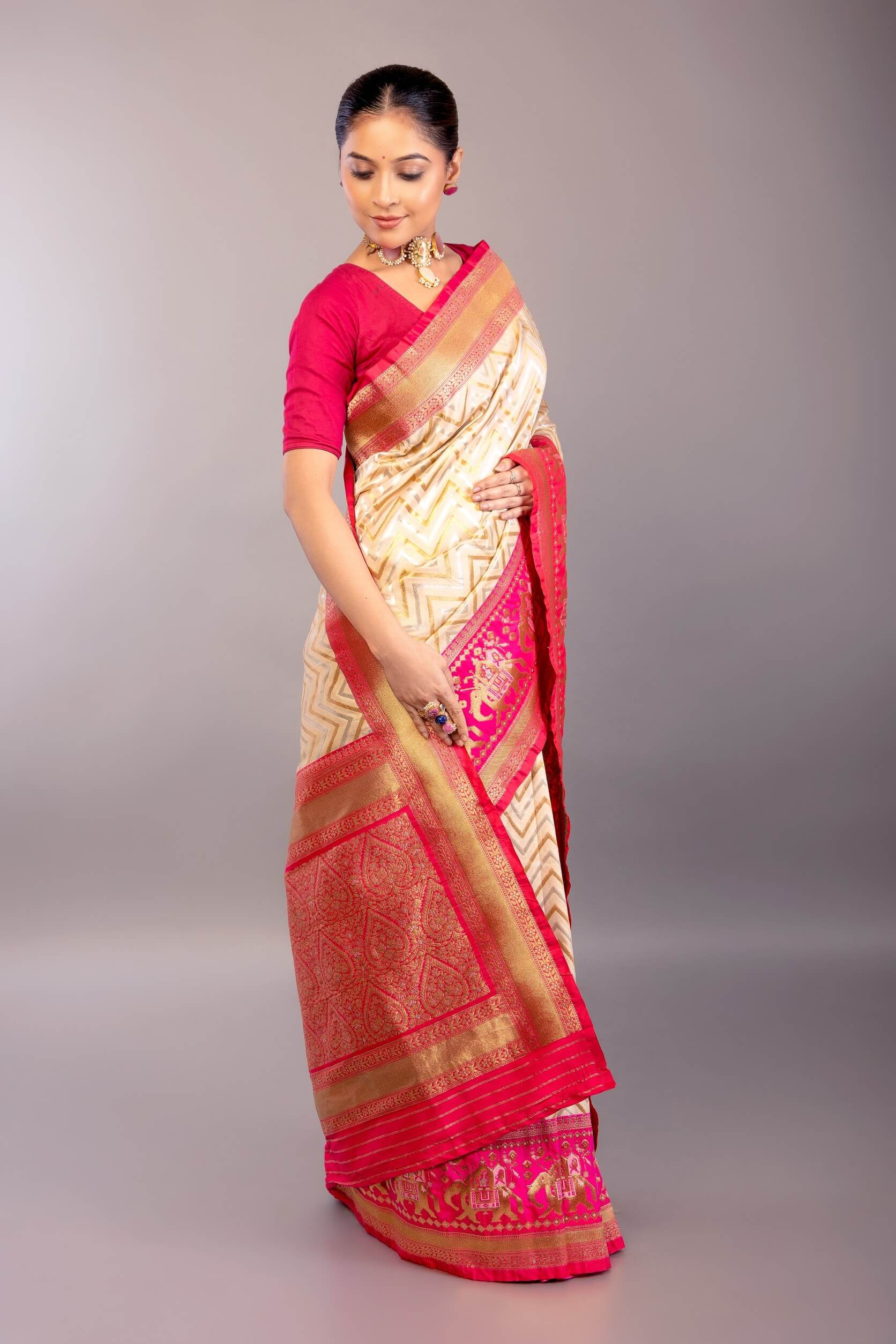 Off - White Katan Silk Saree with Geometric Patterns and Contrasting Pink Border - Anvi Couture