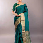 Teal Green Silk Saree with Self Design and Matt Gold Zari Border - Anvi Couture