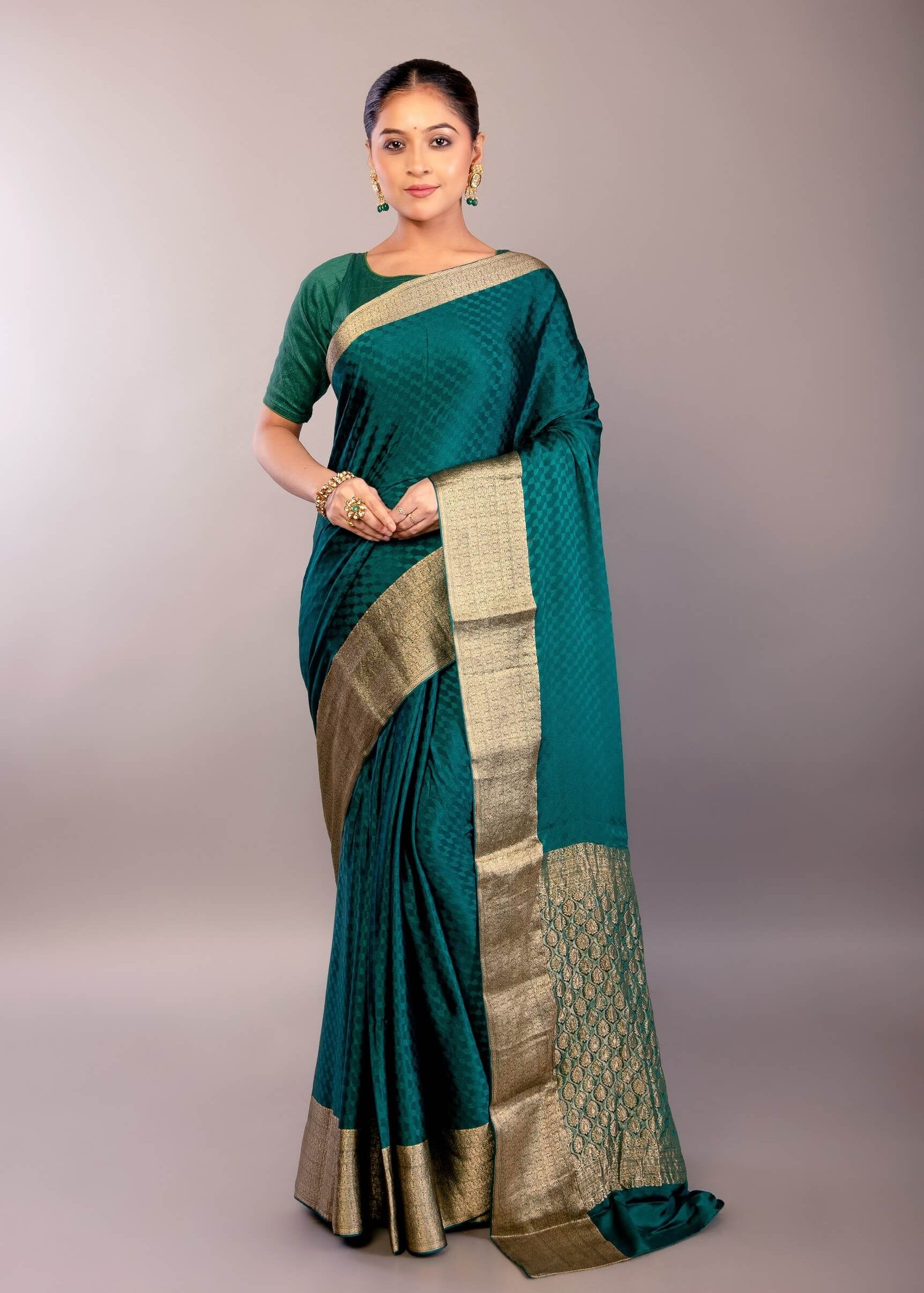 Teal Green Silk Saree with Self Design and Matt Gold Zari Border - Anvi Couture