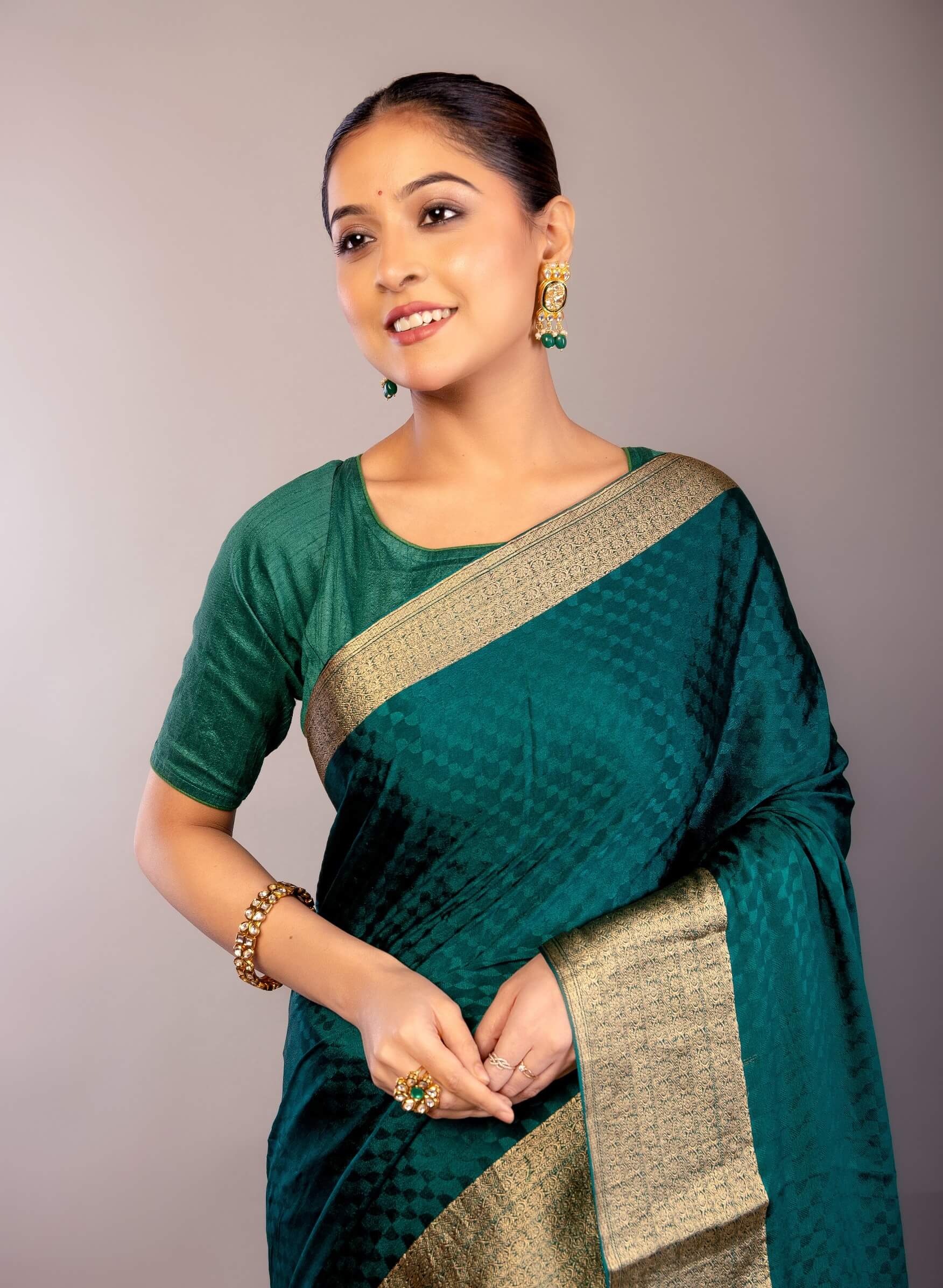 Teal Green Silk Saree with Self Design and Matt Gold Zari Border - Anvi Couture