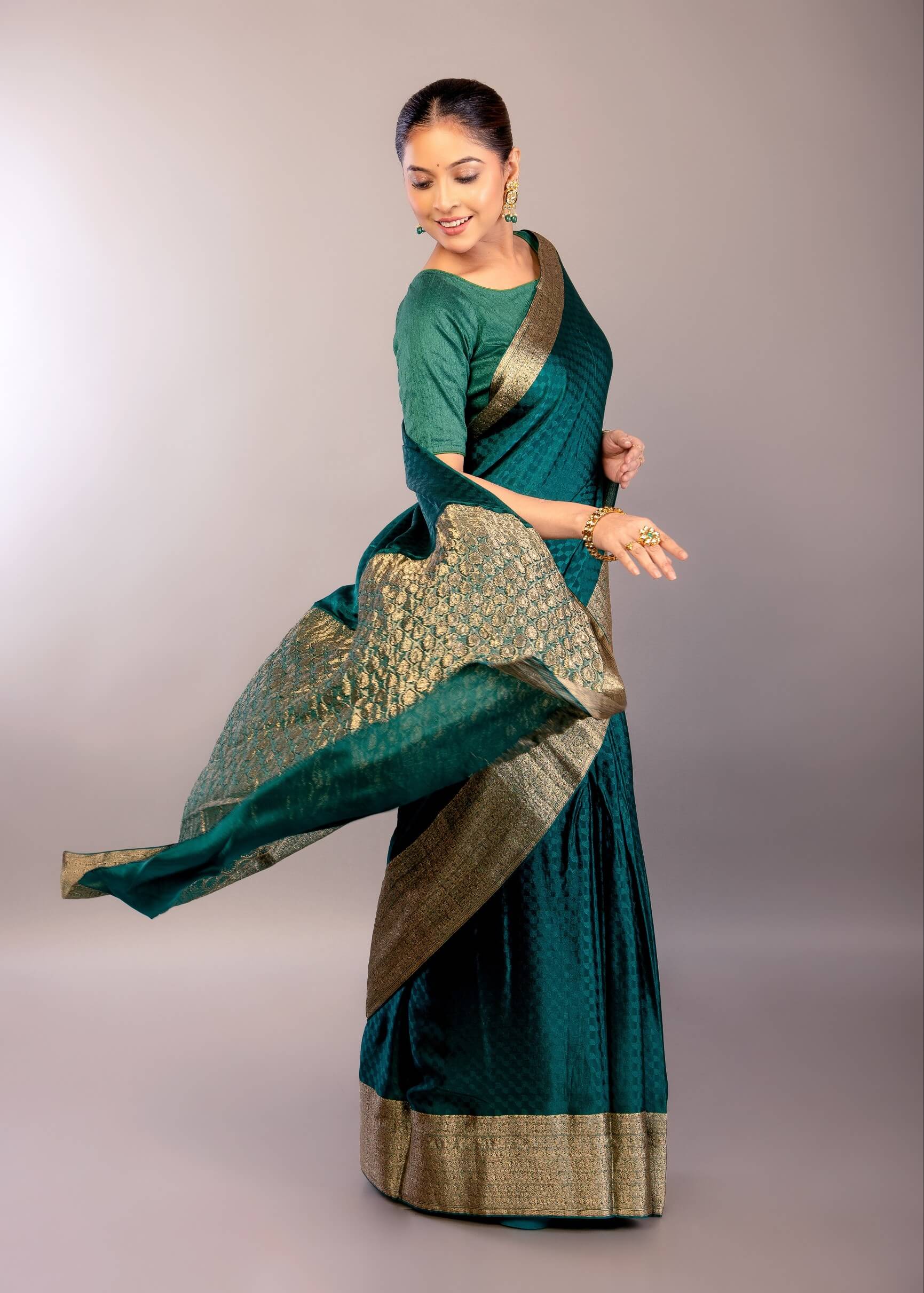 Teal Green Silk Saree with Self Design and Matt Gold Zari Border - Anvi Couture