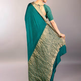Teal Green Silk Saree with Self Design and Matt Gold Zari Border - Anvi Couture