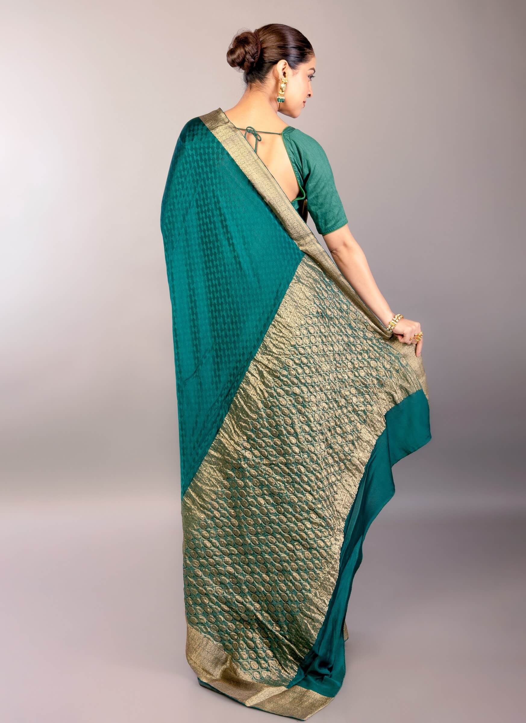Teal Green Silk Saree with Self Design and Matt Gold Zari Border - Anvi Couture