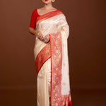 White Katan Silk Saree with Contrasting Red Border and Gold Zari Work - Anvi Couture