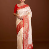 White Katan Silk Saree with Contrasting Red Border and Gold Zari Work - Anvi Couture