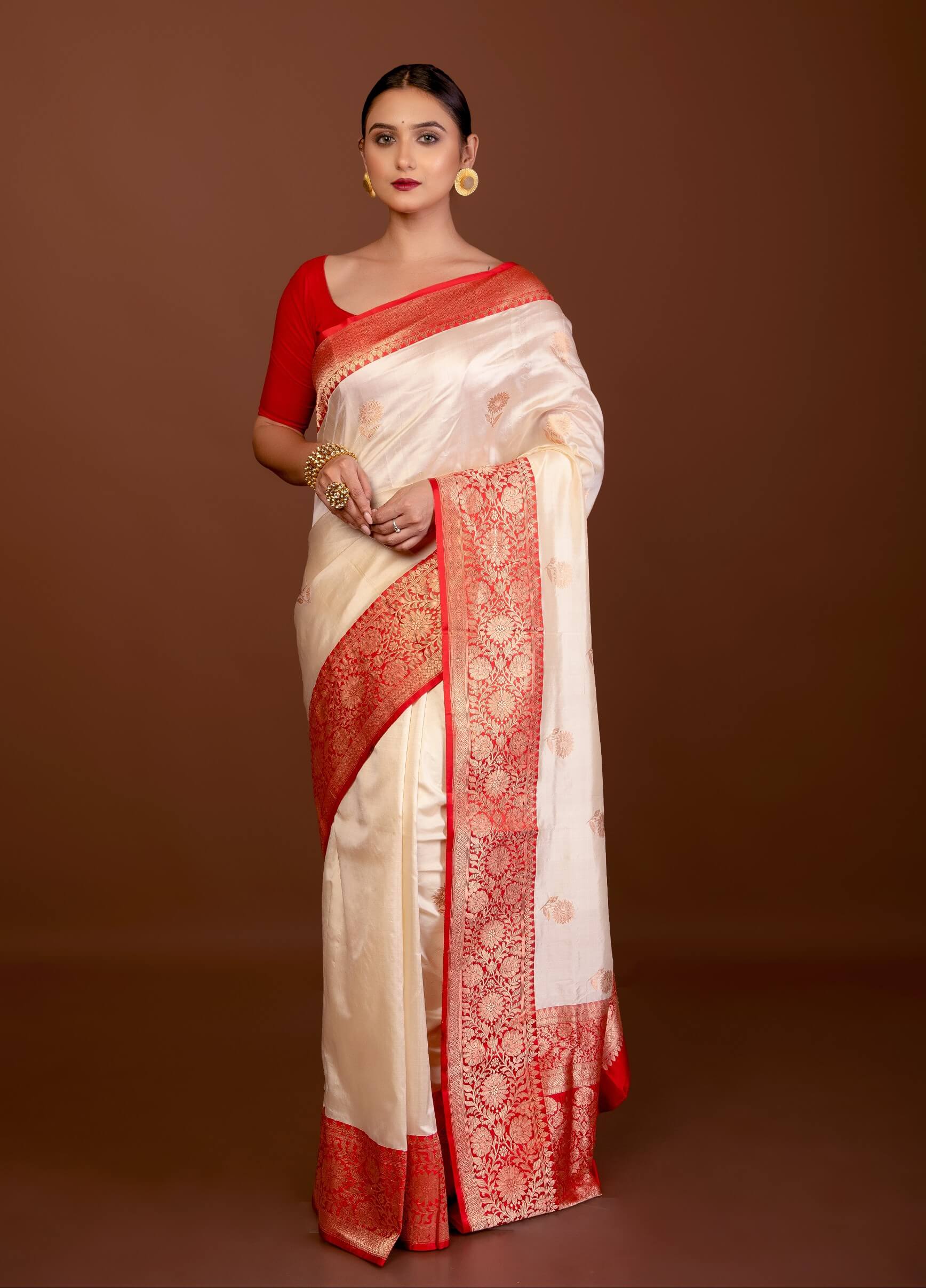 White Katan Silk Saree with Contrasting Red Border and Gold Zari Work - Anvi Couture