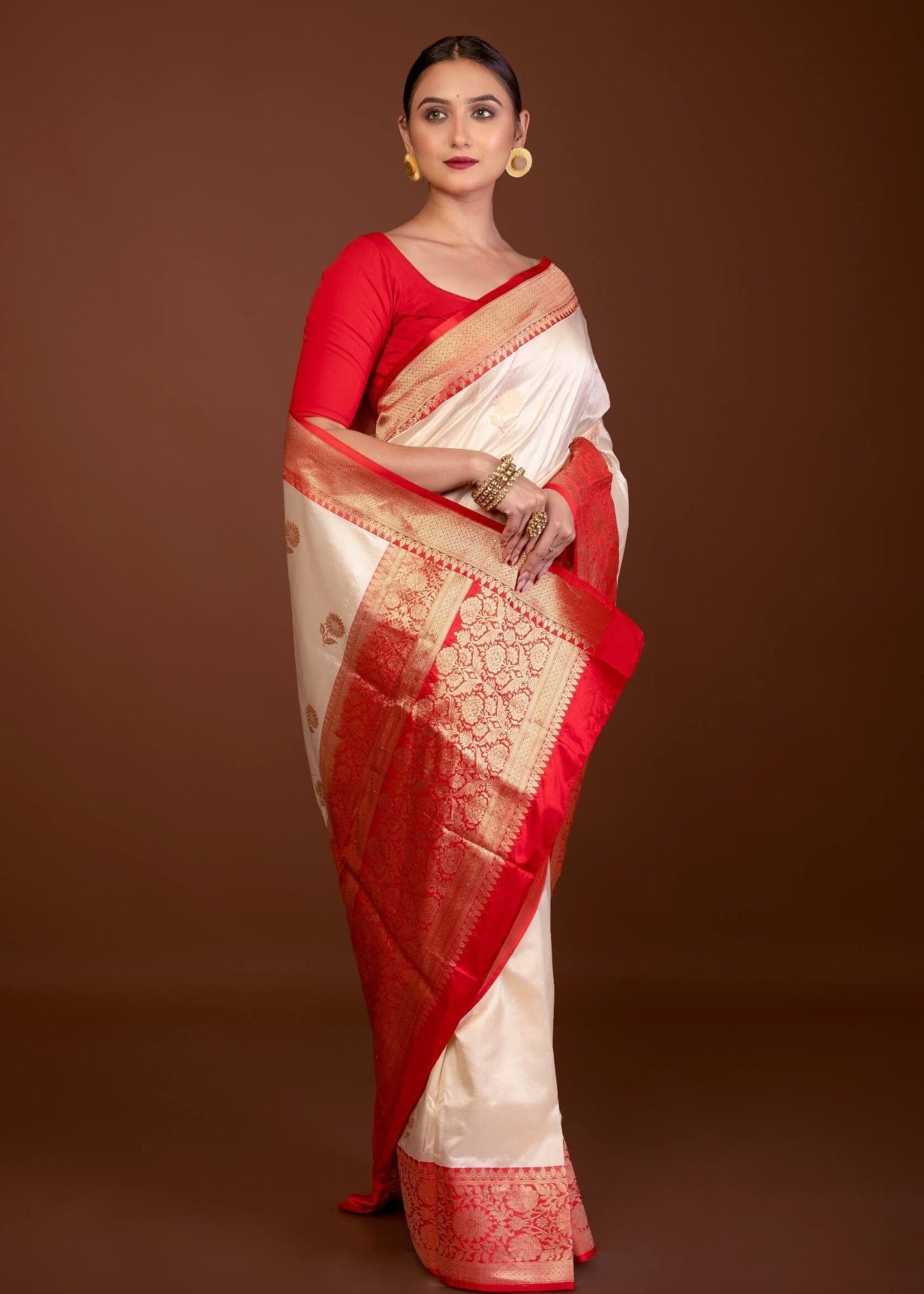 White Katan Silk Saree with Contrasting Red Border and Gold Zari Work - Anvi Couture