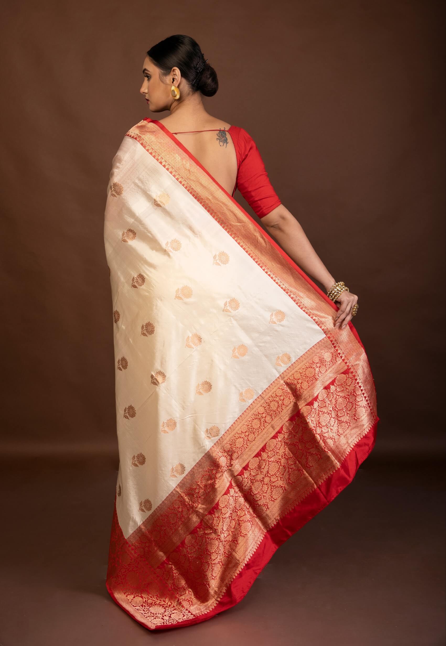 White Katan Silk Saree with Contrasting Red Border and Gold Zari Work - Anvi Couture