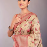 Cream White Silk Saree with Floral Prints and Contrasting Pink Zari Border - Anvi Couture
