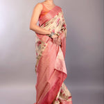 Cream White Silk Saree with Floral Prints and Contrasting Pink Zari Border - Anvi Couture