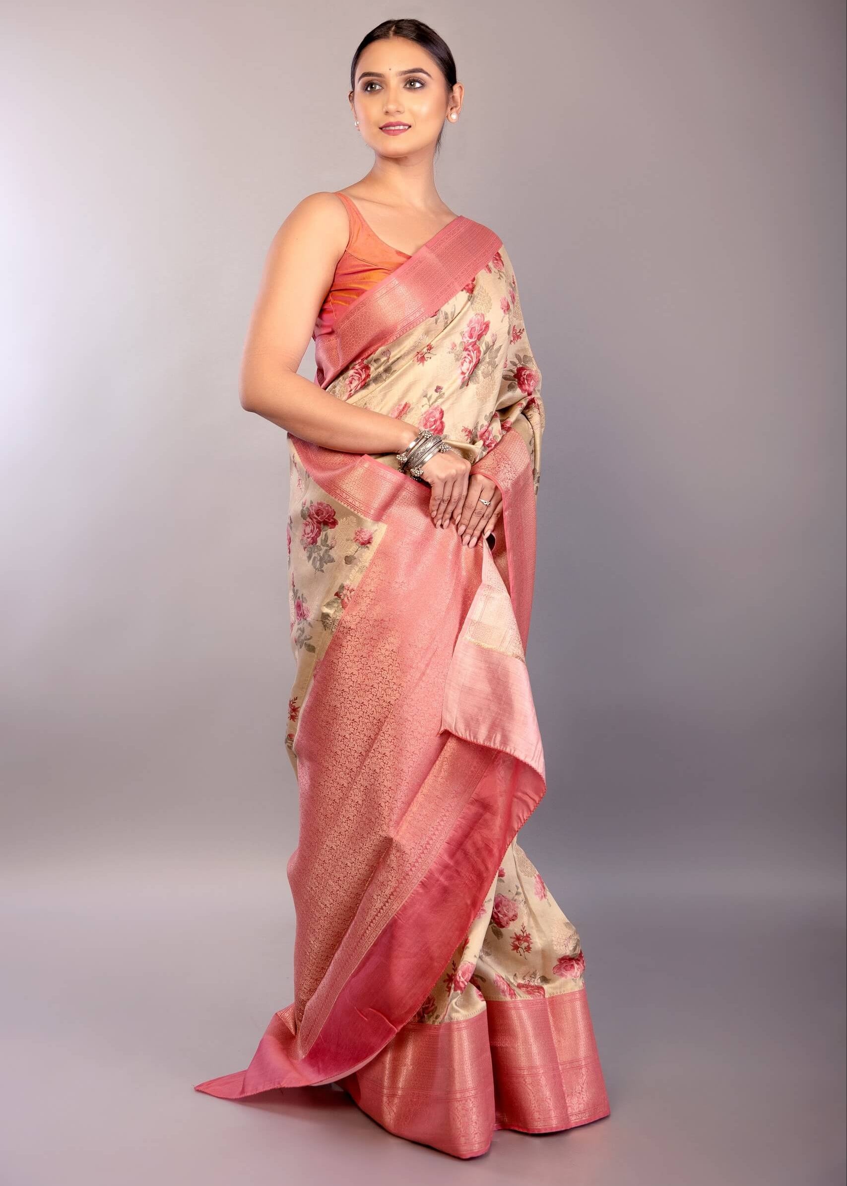 Cream White Silk Saree with Floral Prints and Contrasting Pink Zari Border - Anvi Couture