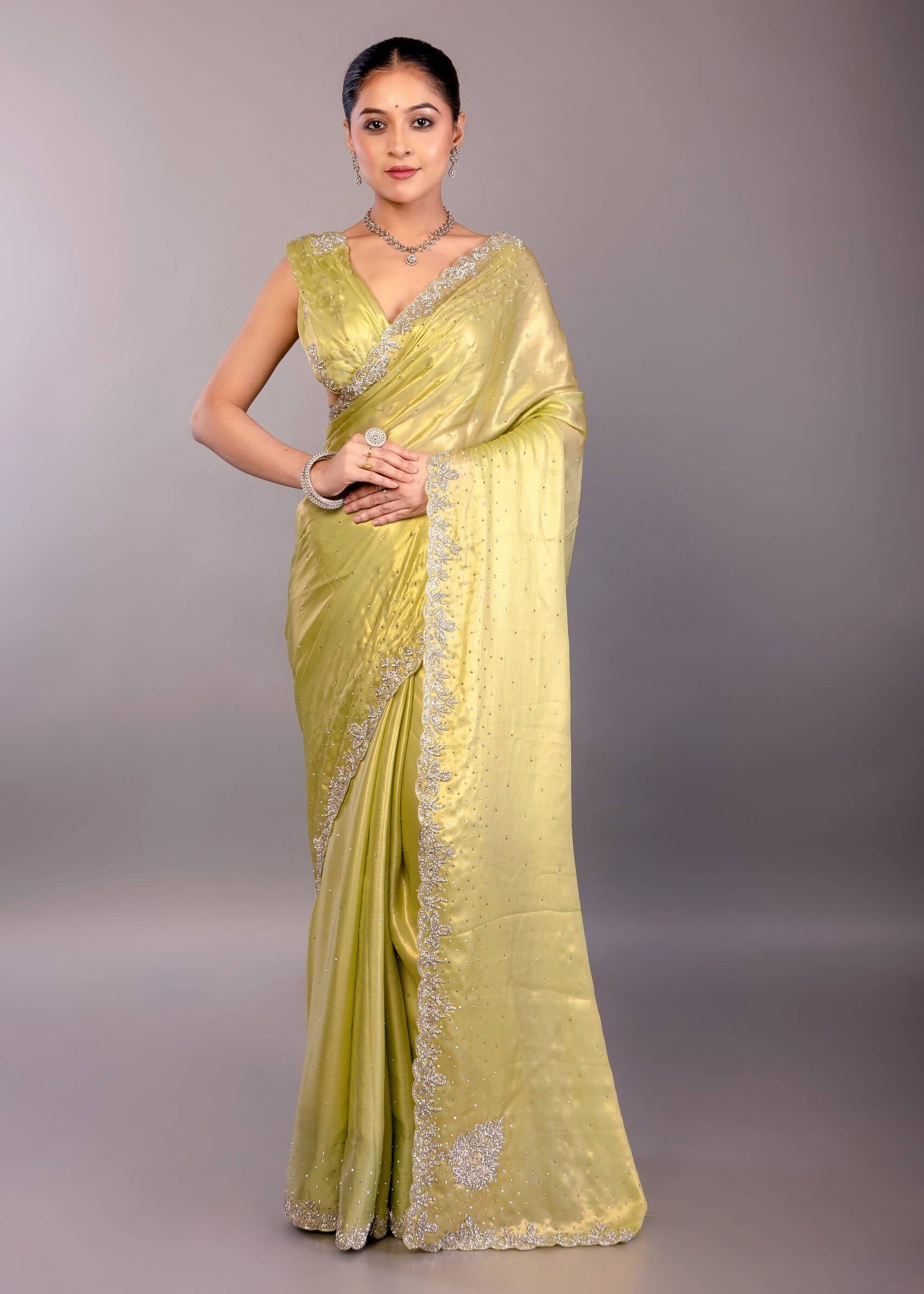 Lemon Yellow Jimmy Choo Saree with Stone Embellishment - Anvi Couture