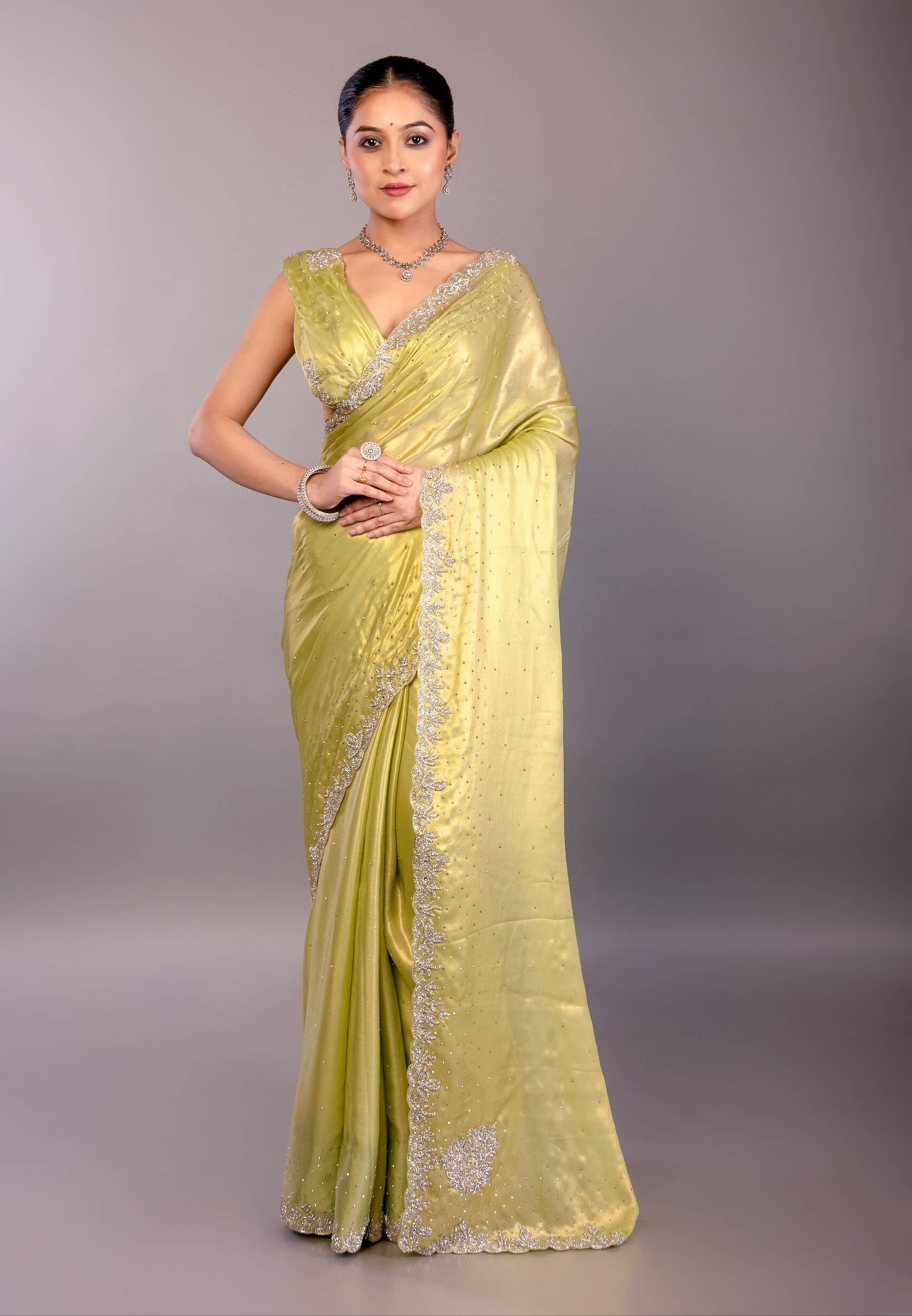 Lemon Yellow Jimmy Choo Saree with Stone Embellishment - Anvi Couture