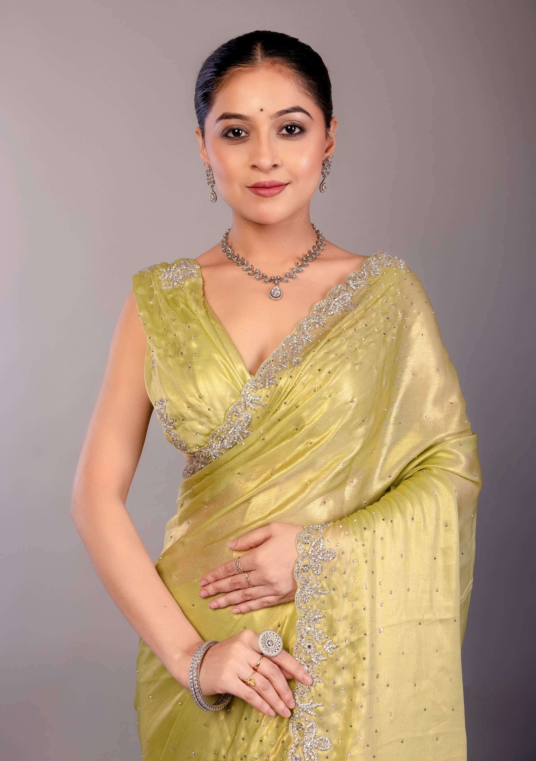 Lemon Yellow Jimmy Choo Saree with Stone Embellishment - Anvi Couture