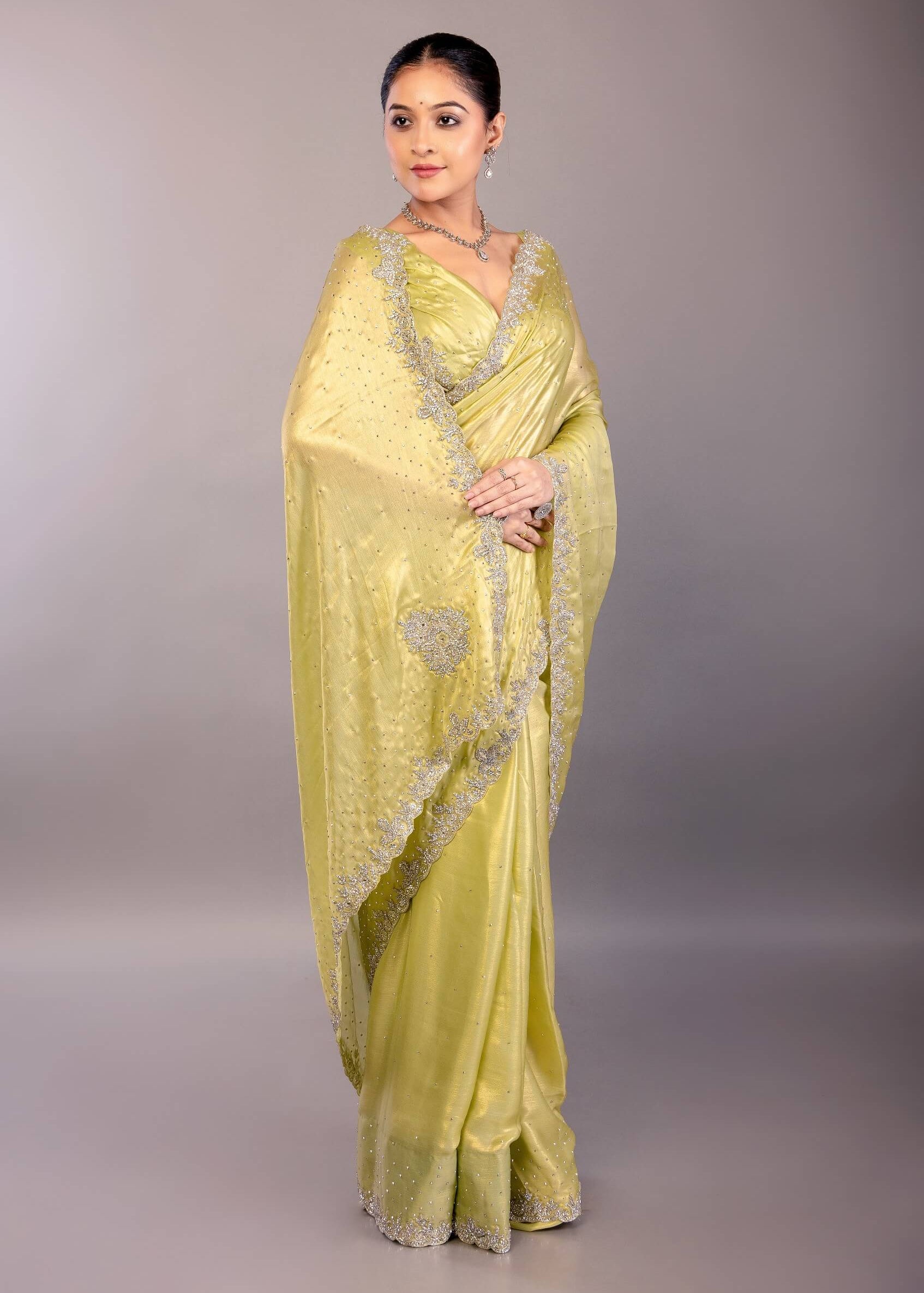 Lemon Yellow Jimmy Choo Saree with Stone Embellishment - Anvi Couture