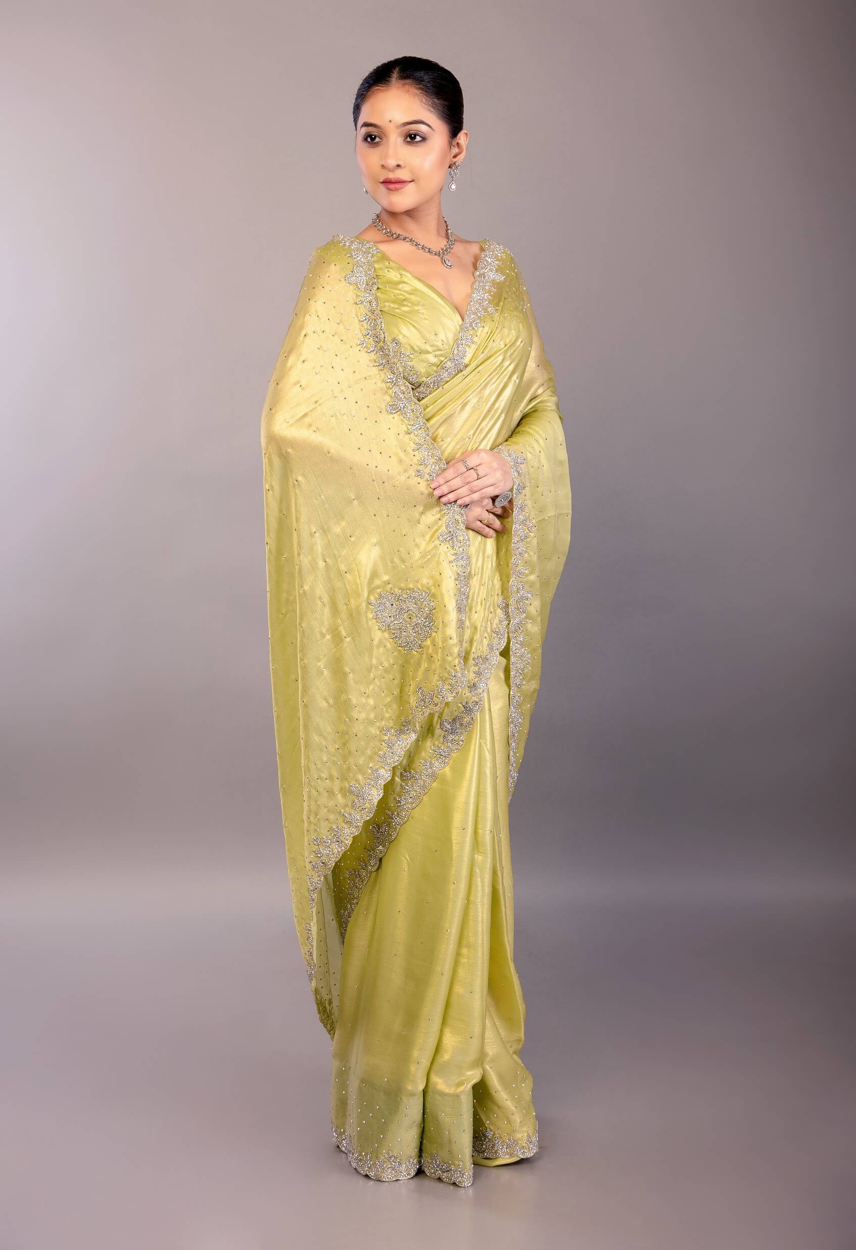 Lemon Yellow Jimmy Choo Saree with Stone Embellishment - Anvi Couture
