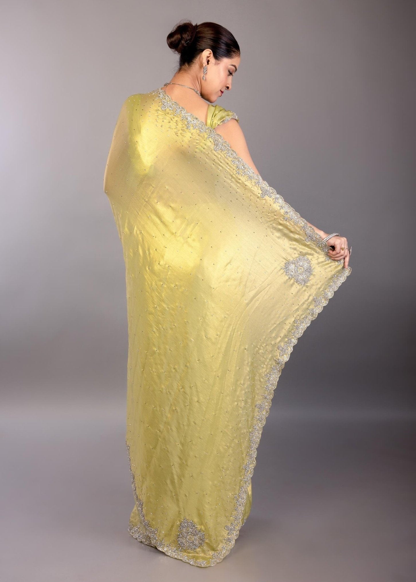 Lemon Yellow Jimmy Choo Saree with Stone Embellishment - Anvi Couture