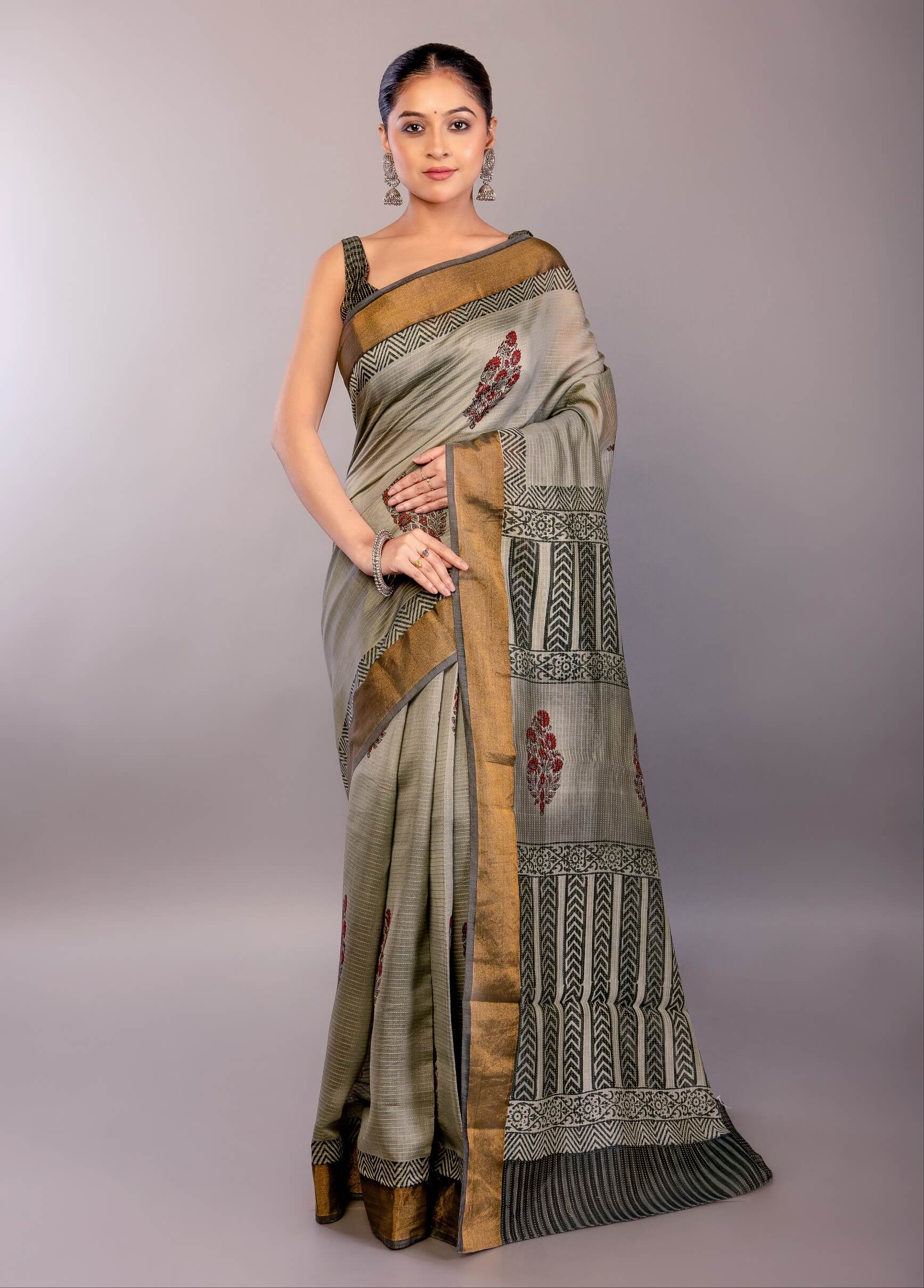Gray Block Print Silk Saree with Matt Gold Zari Border - Anvi Couture