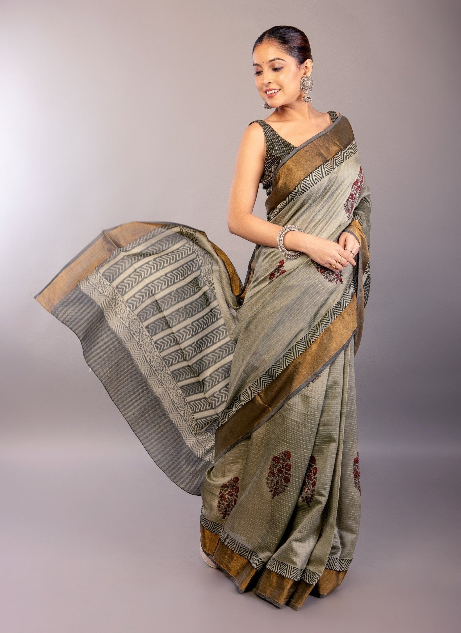Gray Block Print Silk Saree with Matt Gold Zari Border - Anvi Couture