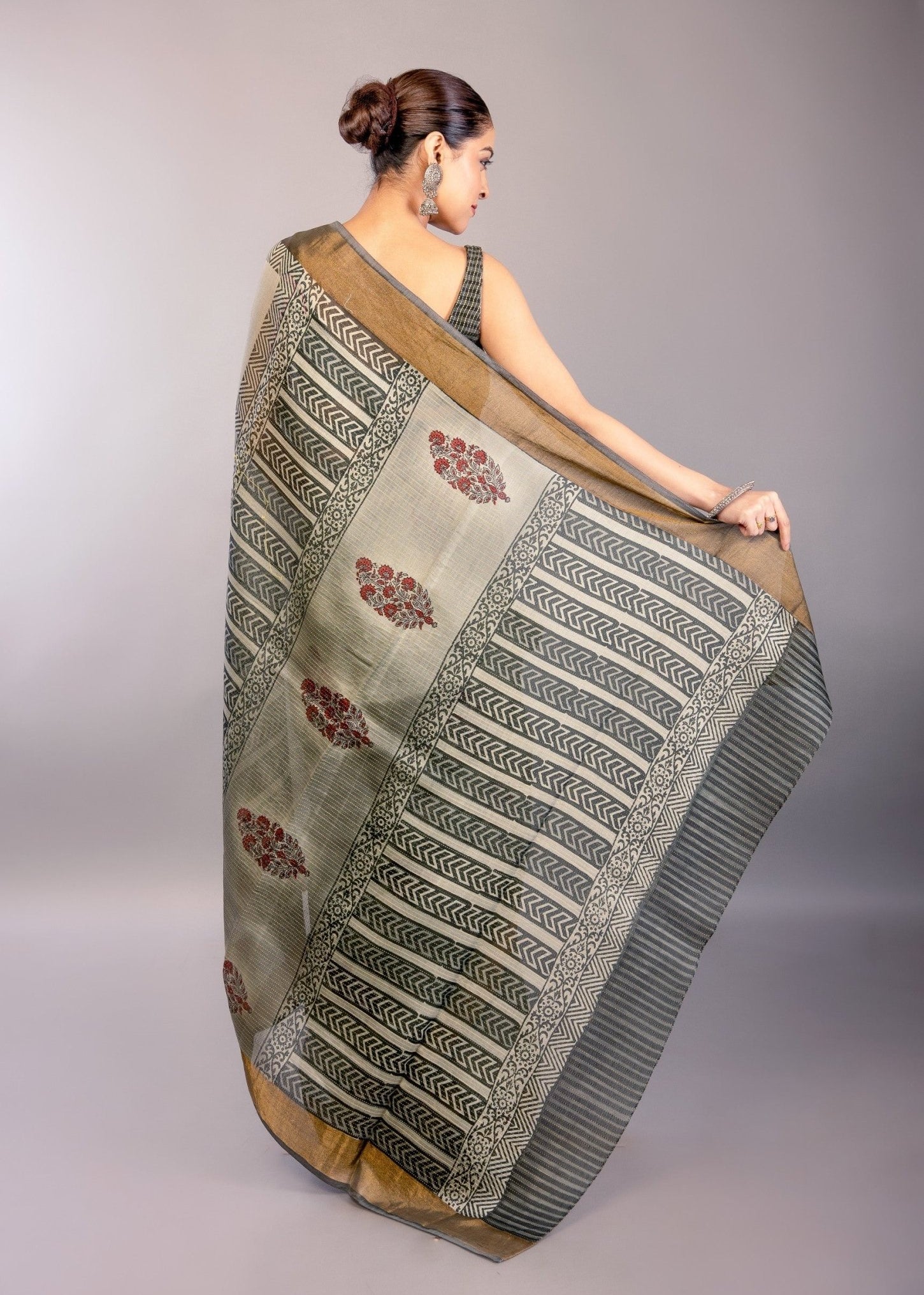 Gray Block Print Silk Saree with Matt Gold Zari Border - Anvi Couture