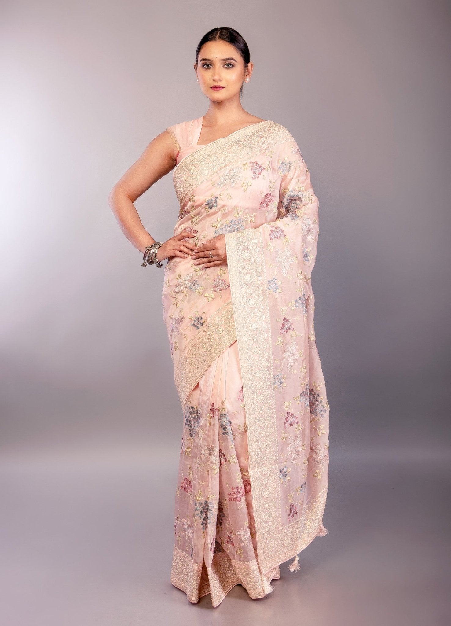 Baby Pink Organza Saree with Multicolor Floral Embroidery Work - Anvi Couture