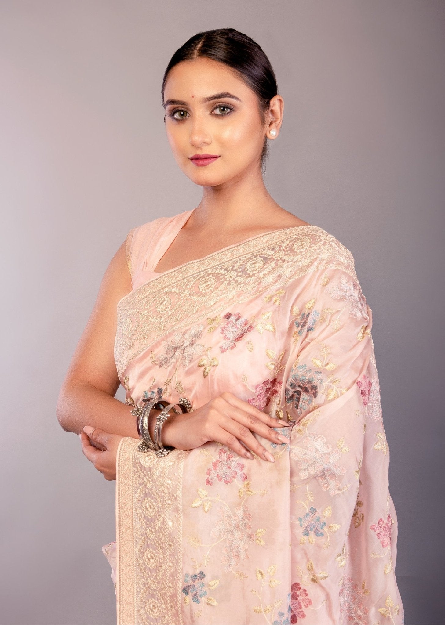 Baby Pink Organza Saree with Multicolor Floral Embroidery Work - Anvi Couture