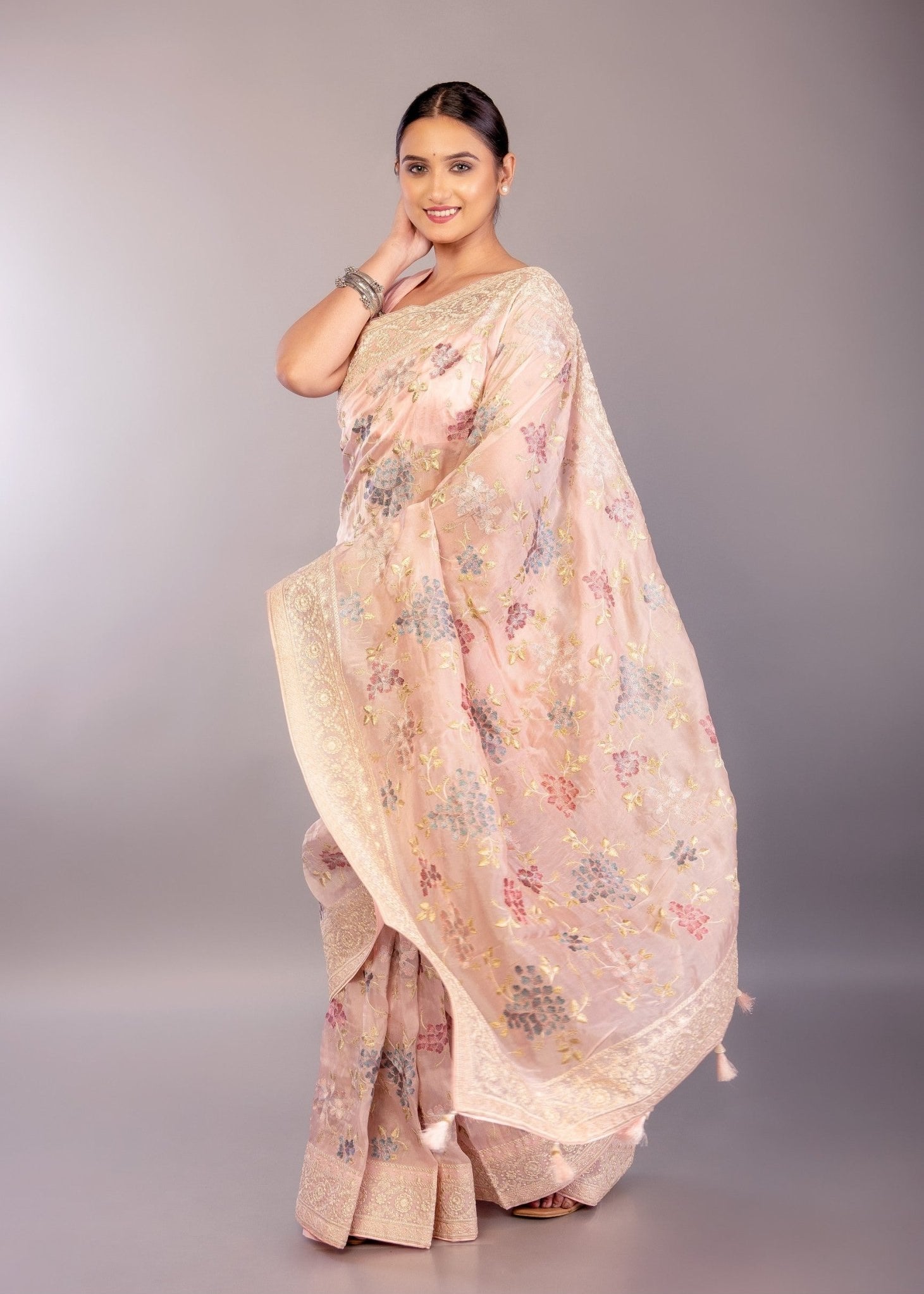 Baby Pink Organza Saree with Multicolor Floral Embroidery Work - Anvi Couture