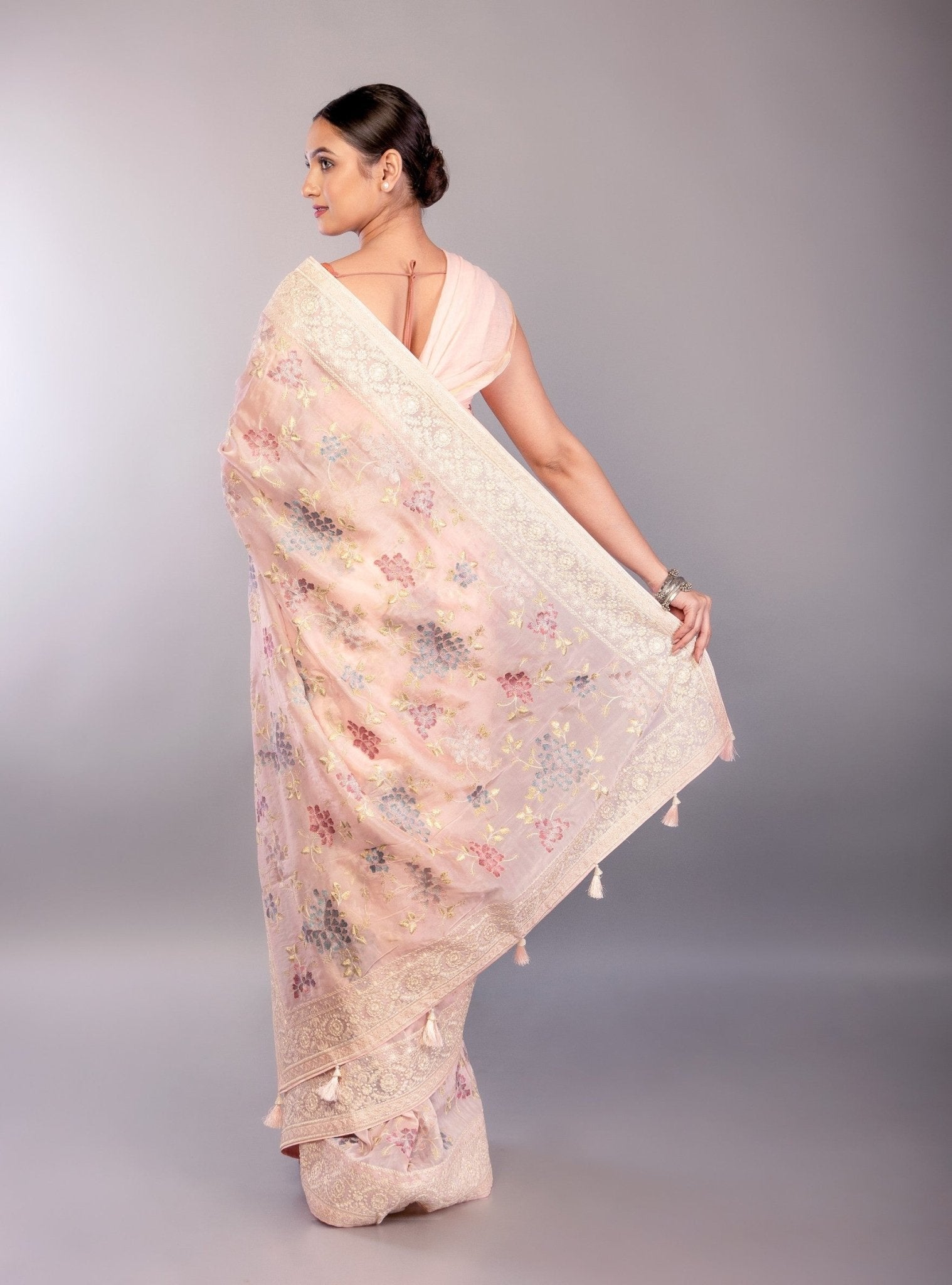 Baby Pink Organza Saree with Multicolor Floral Embroidery Work - Anvi Couture