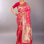 Dark Pink Paithani Silk Saree with Multicolored Floral Jaal Work - Anvi Couture