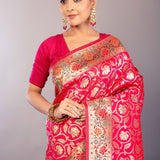 Dark Pink Paithani Silk Saree with Multicolored Floral Jaal Work - Anvi Couture