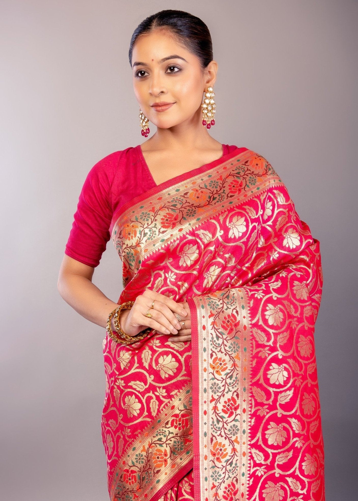 Dark Pink Paithani Silk Saree with Multicolored Floral Jaal Work - Anvi Couture